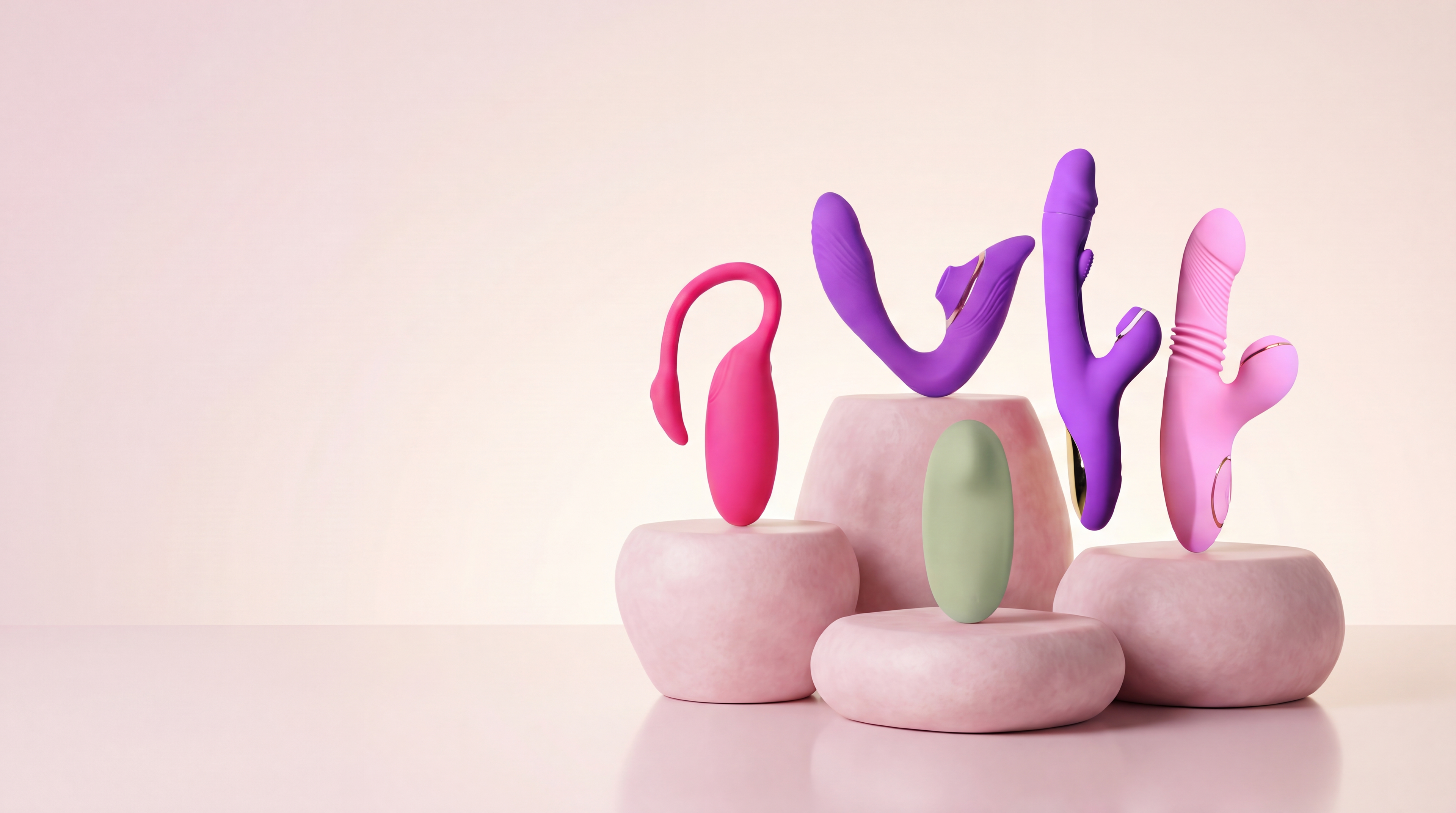 NymMind pleasure device collection on pink pedestals
