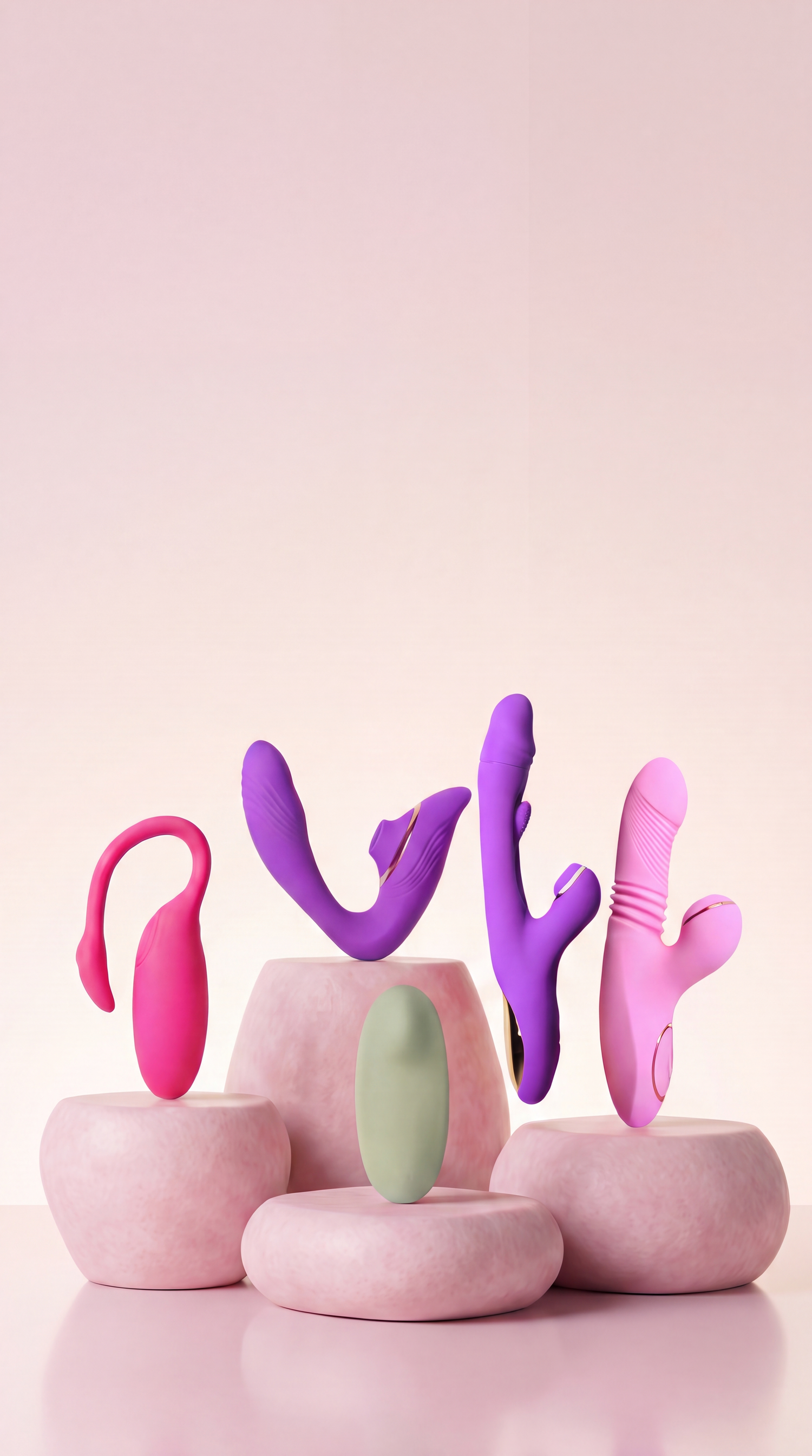 NymMind pleasure device collection on pink pedestals