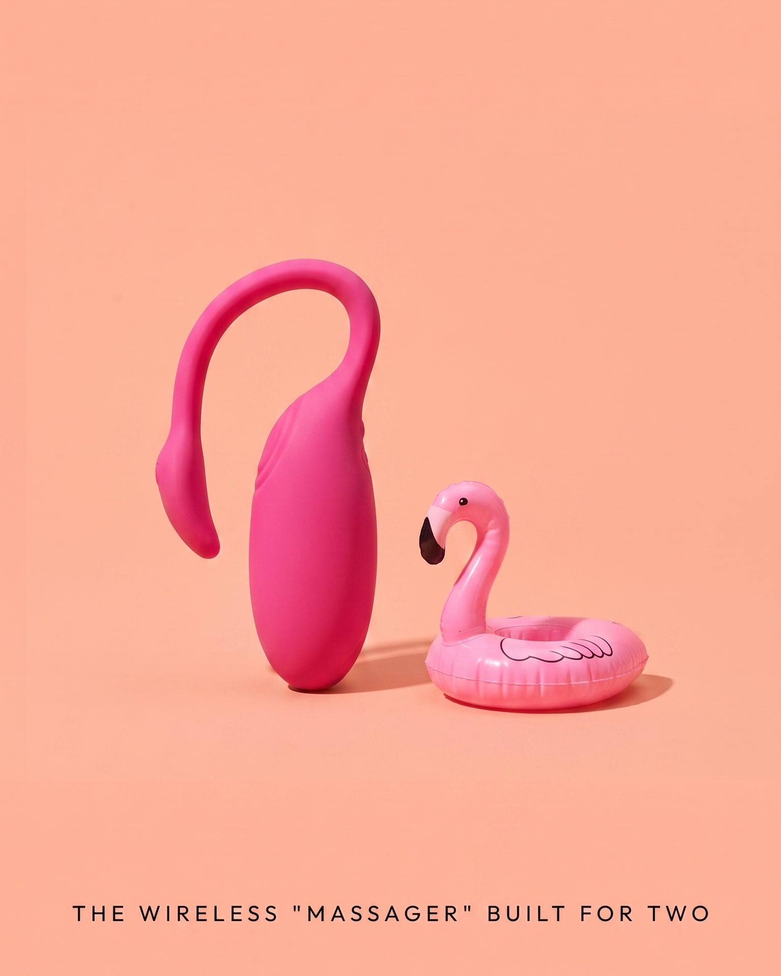 The Flamingo beside its inflatable flamingo twin — the wireless massager built for two