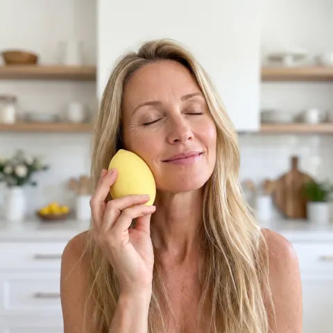 Woman holding the Limone to her cheek in a bright kitchen