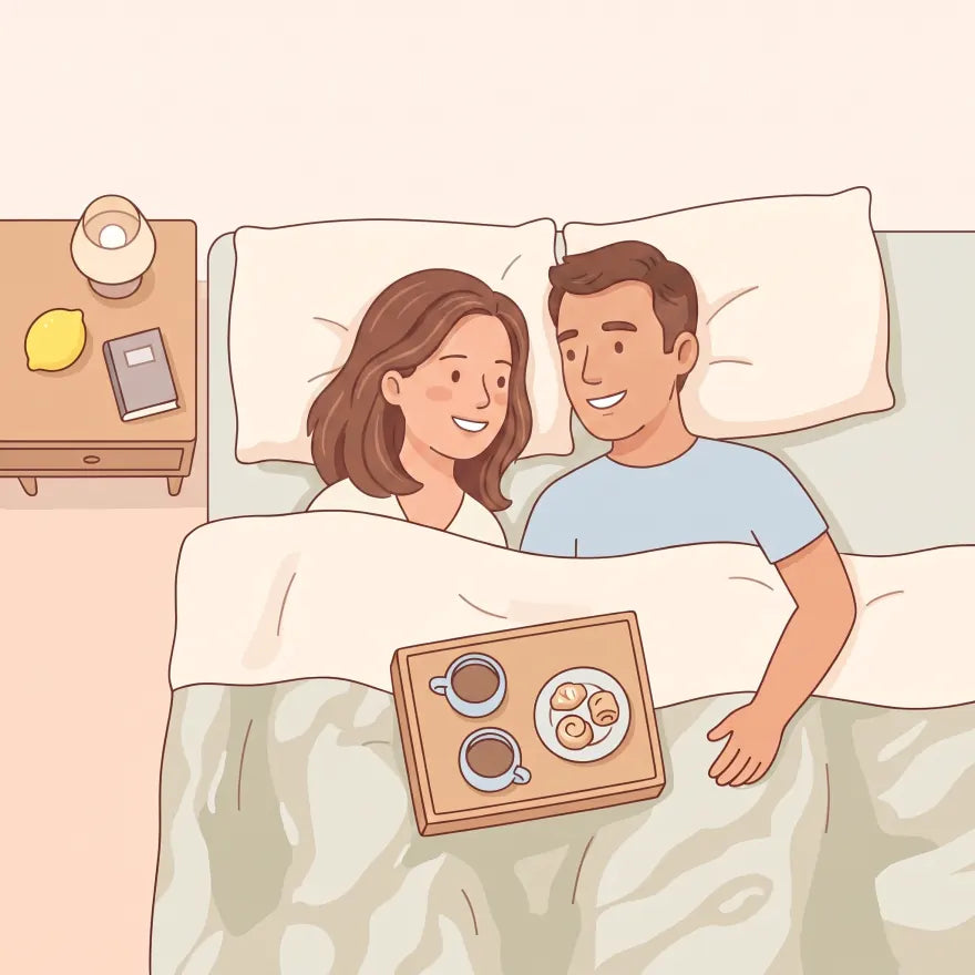 Illustration of a smiling couple having breakfast in bed, a lemon resting on the nightstand