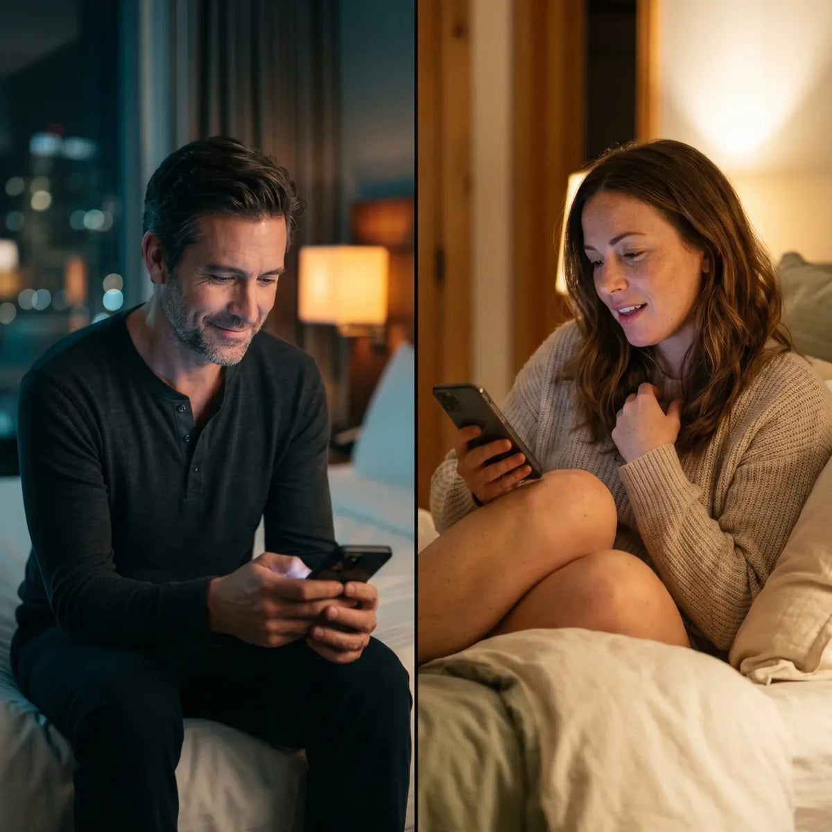 Split-screen: him on his phone in a hotel room, her smiling at hers in another city