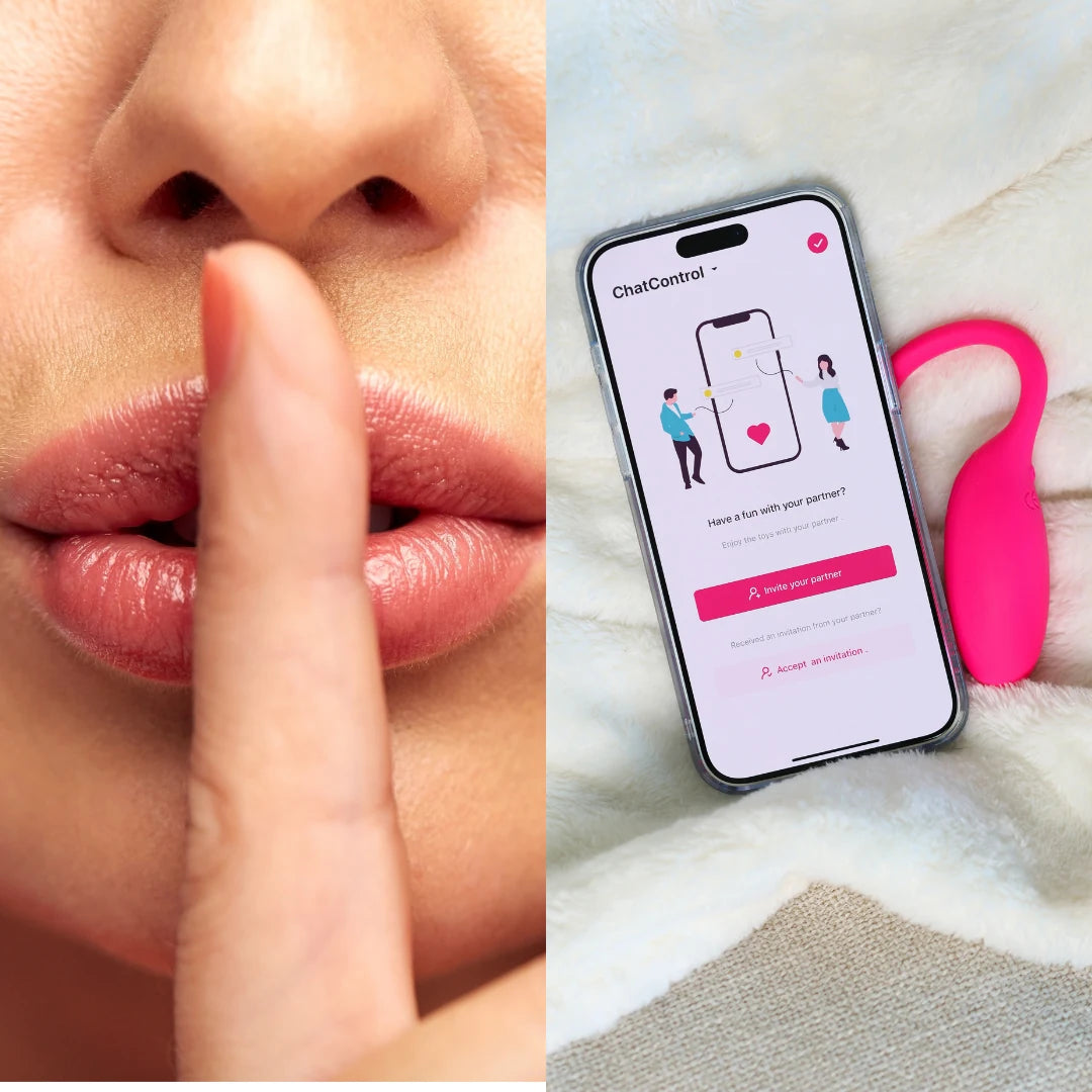 Woman with a finger to her lips beside a phone running the control app on the bed